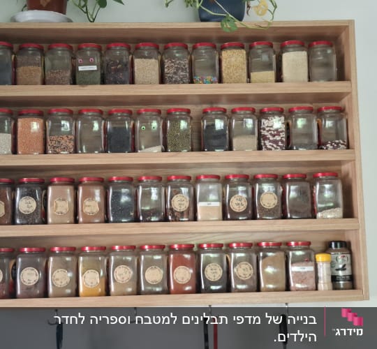 מדף עץ עם צנצנות תבלינים במטבח